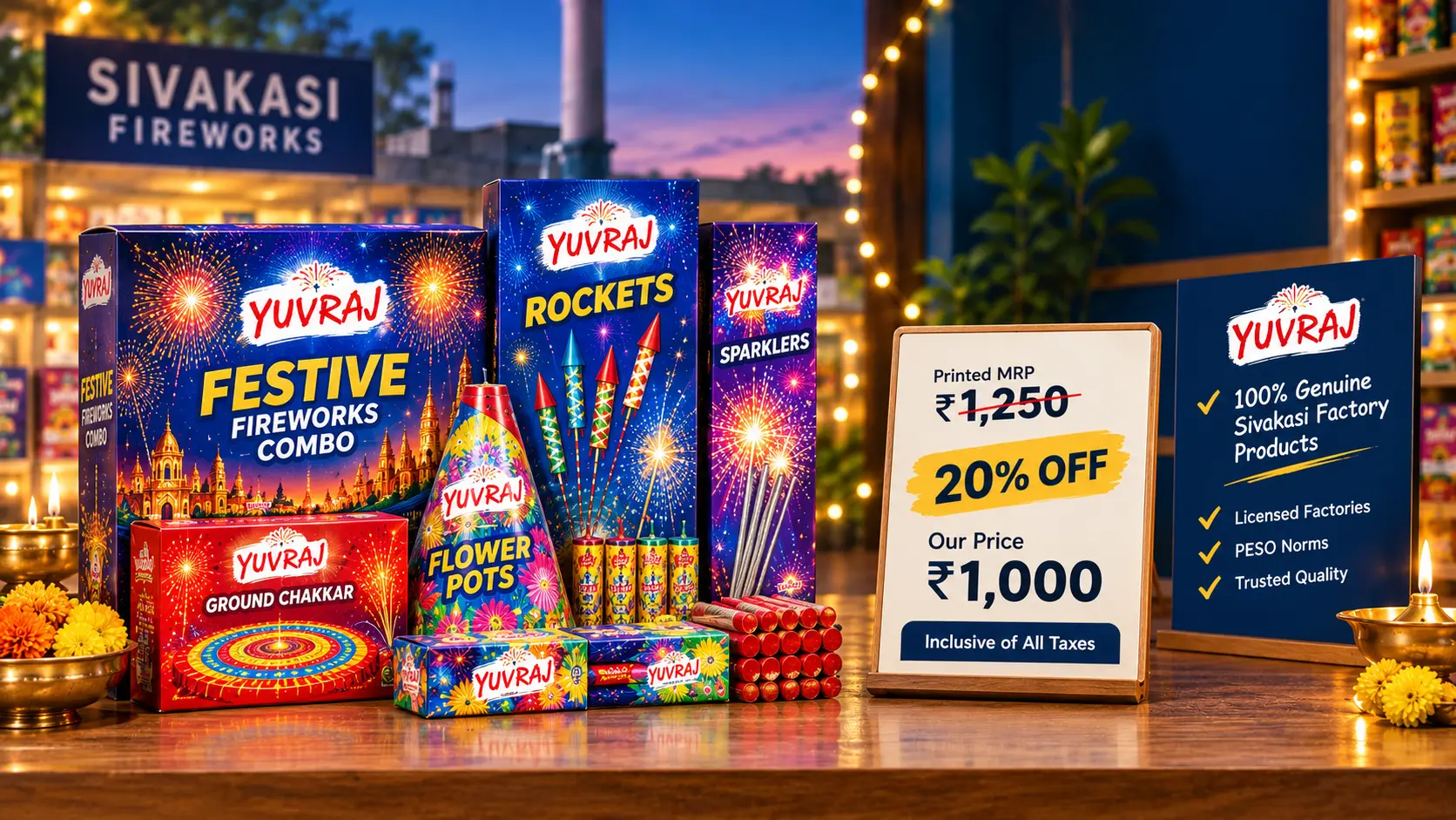 Sivakasi crackers combo at genuine factory rates with 20% off printed MRP